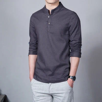 Men’s Slim Fit Linen Shirt, Stand Collar Long Sleeve Casual Top for Spring