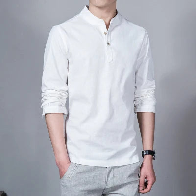 Men’s Slim Fit Linen Shirt, Stand Collar Long Sleeve Casual Top for Spring