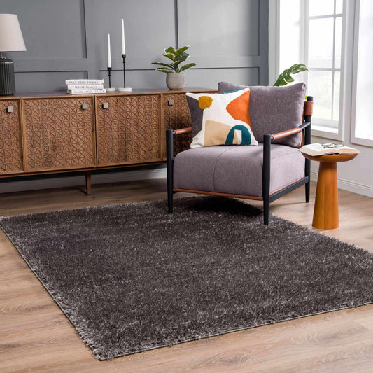 Faina Solid Dark Gray Shag Rug Washable