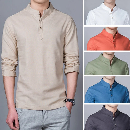 Men’s Slim Fit Linen Shirt, Stand Collar Long Sleeve Casual Top for Spring
