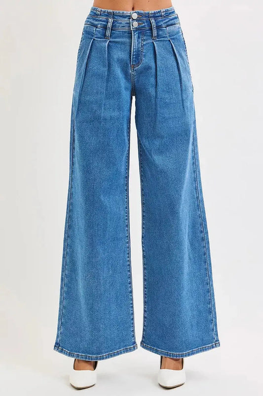 RISEN Mid Rise Fit Wide Leg with Pleated Detail Jeans