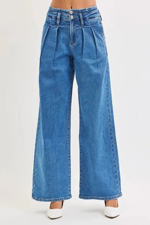 RISEN Mid Rise Fit Wide Leg with Pleated Detail Jeans