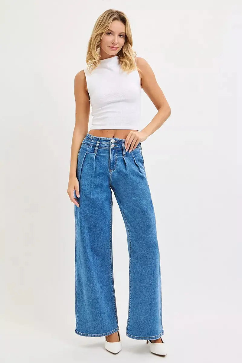 RISEN Mid Rise Fit Wide Leg with Pleated Detail Jeans