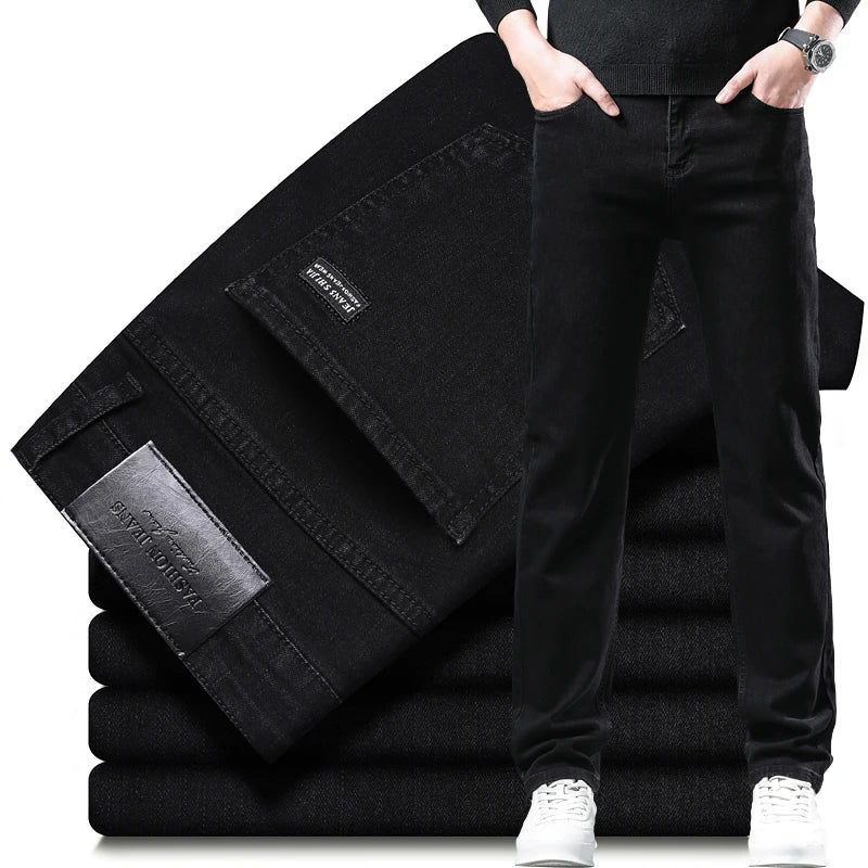 Men’s Classic Straight Jeans, Stretch Mid-Waist Denim, Smoke Gray or Black