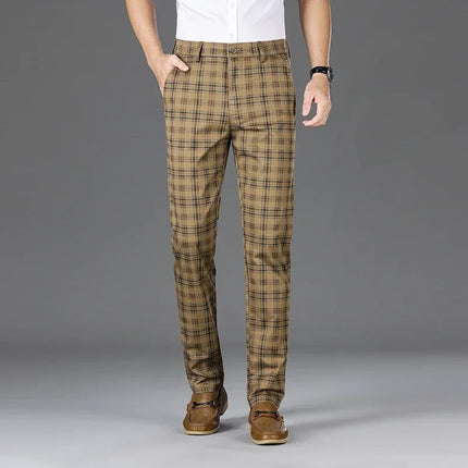 Slim Checkered Pants, Stretch Straight Business Casual Trousers