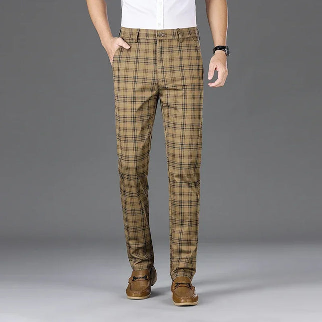 Slim Checkered Pants, Stretch Straight Business Casual Trousers