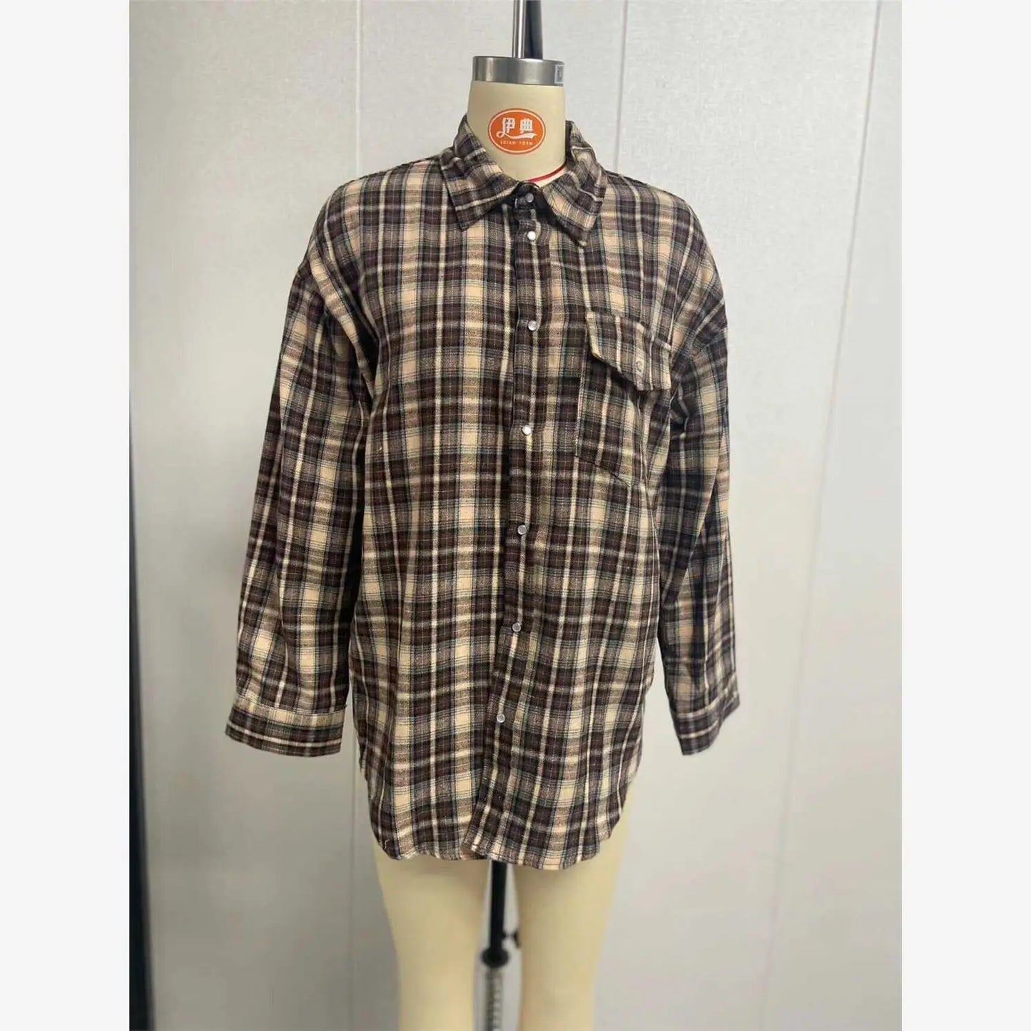 Vintage Plaid Oversized Shirt for Women, Loose Cotton Long Sleeve Button-Up Top