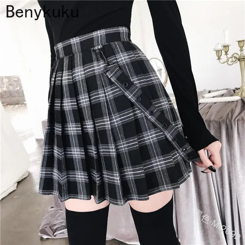 Plaid Pleated Mini Skirt, Gothic Punk A-Line Style for Women