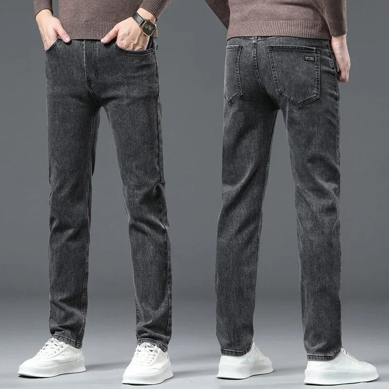 Men’s Classic Straight Jeans, Stretch Mid-Waist Denim, Smoke Gray or Black