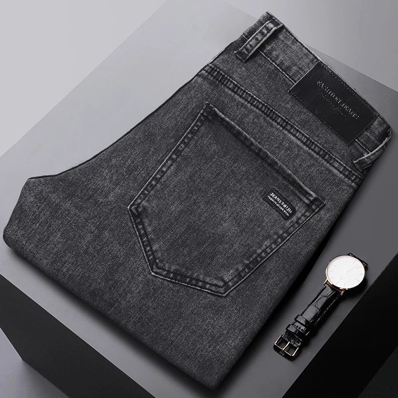 Men’s Classic Straight Jeans, Stretch Mid-Waist Denim, Smoke Gray or Black