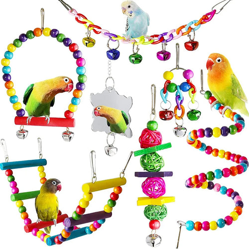 7pcs Pack Wood Parrot Toys Bird Toy Cage Bird Accessories  Swing