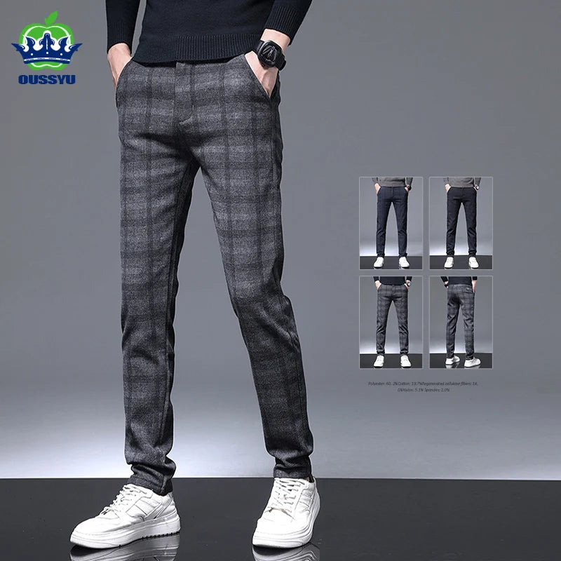 Men’s Plaid Business Trousers, Slim Fit Cotton Dress Pants for Work or Events