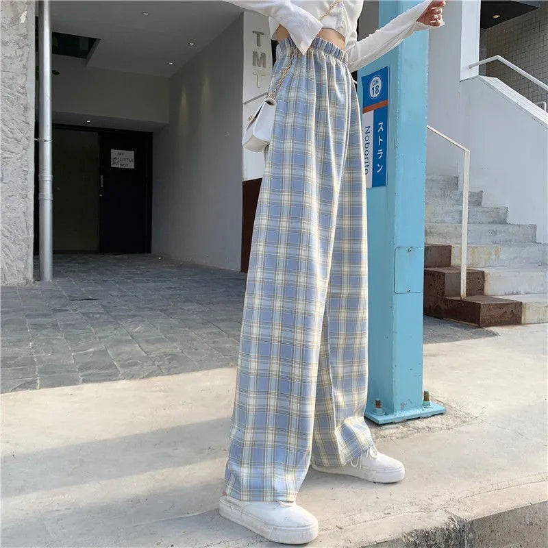 Women’s Plaid Wide Leg Pants, High Waist Loose Fit Summer Style