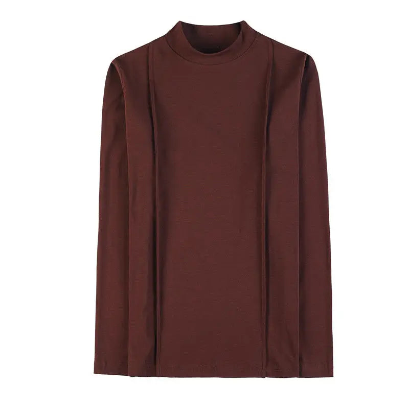 Men’s Mid-Neck Long Sleeve T-Shirt, Slim Fit Half Turtleneck Solid Top (Spring & Autumn)