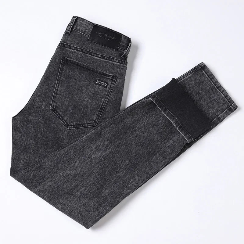 Men’s Classic Straight Jeans, Stretch Mid-Waist Denim, Smoke Gray or Black