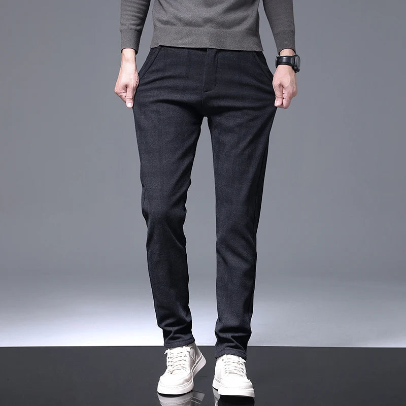 Men’s Plaid Business Trousers, Slim Fit Cotton Dress Pants for Work or Events