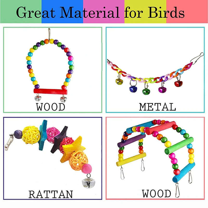 7pcs Pack Wood Parrot Toys Bird Toy Cage Bird Accessories  Swing
