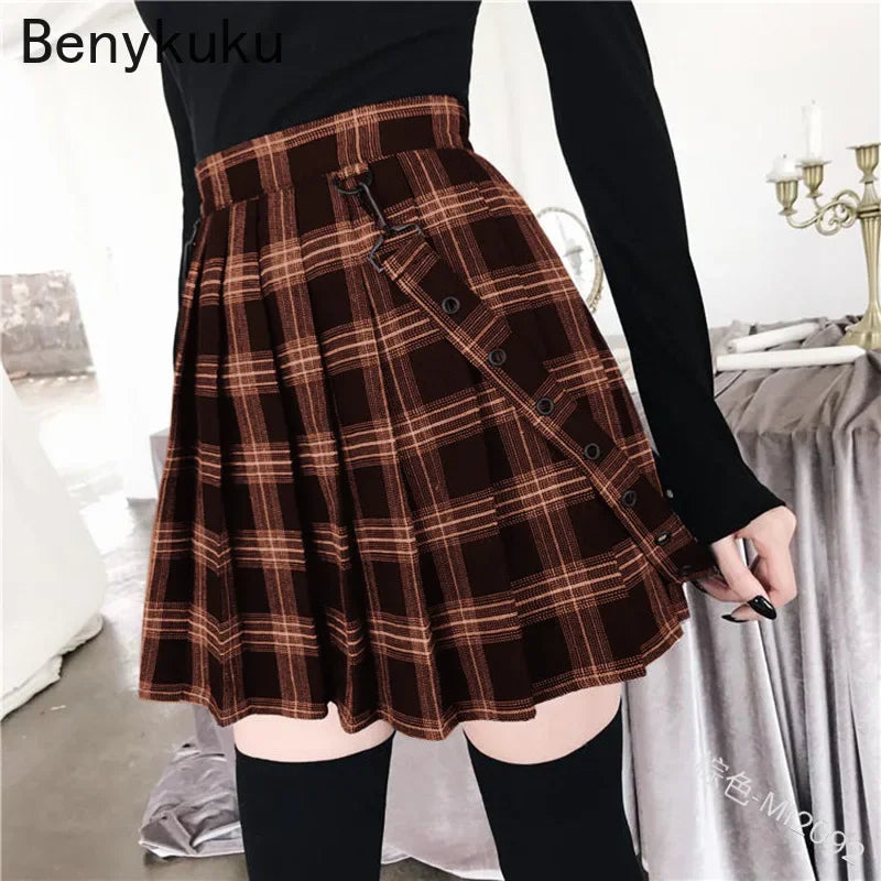 Plaid Pleated Mini Skirt, Gothic Punk A-Line Style for Women