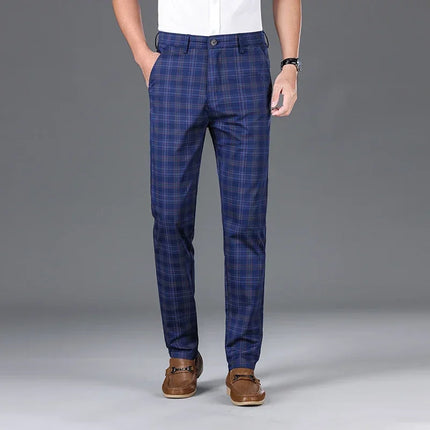 Slim Checkered Pants, Stretch Straight Business Casual Trousers