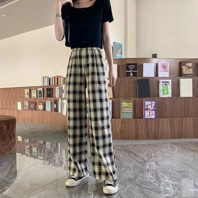 Women’s Plaid Wide Leg Pants, High Waist Loose Fit Summer Style