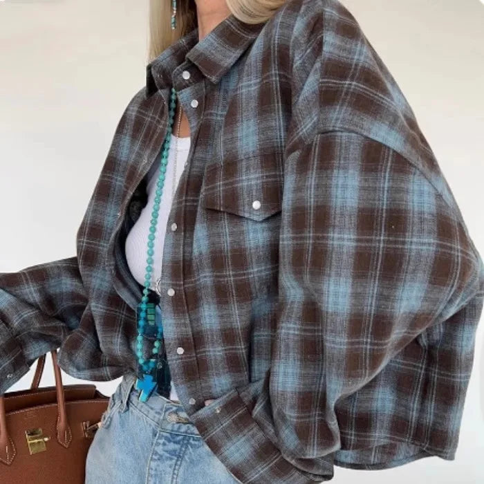Vintage Plaid Oversized Shirt for Women, Loose Cotton Long Sleeve Button-Up Top