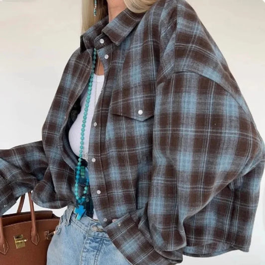 Vintage Plaid Oversized Shirt for Women, Loose Cotton Long Sleeve Button-Up Top