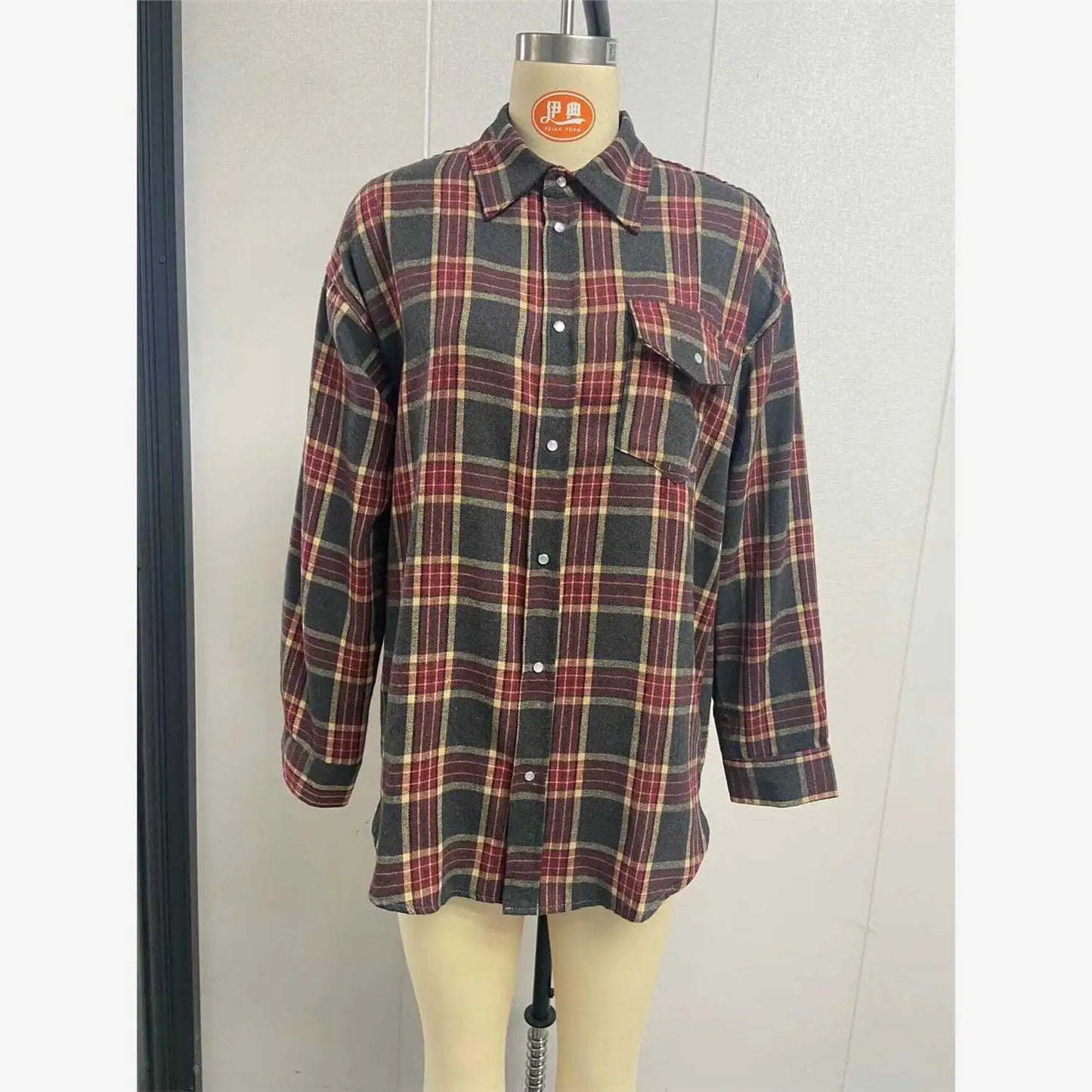 Vintage Plaid Oversized Shirt for Women, Loose Cotton Long Sleeve Button-Up Top
