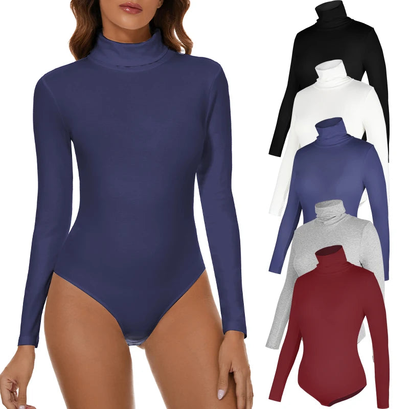 Women’s Stretchy Turtleneck Bodysuit, Long Sleeve Slim Fit Top