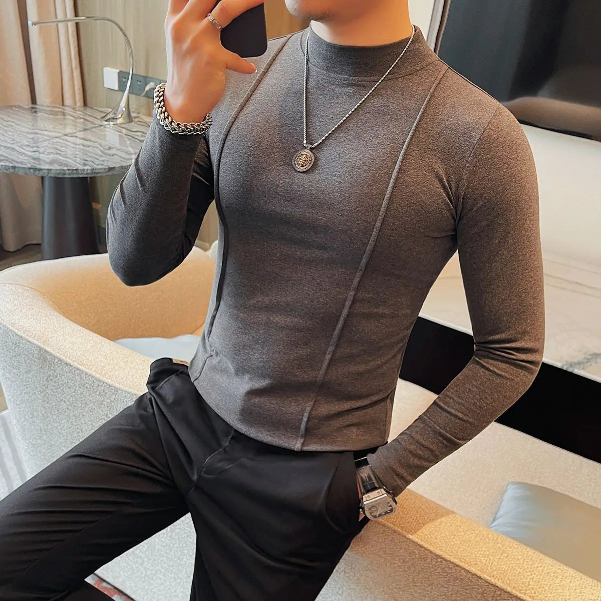 Men’s Mid-Neck Long Sleeve T-Shirt, Slim Fit Half Turtleneck Solid Top (Spring & Autumn)