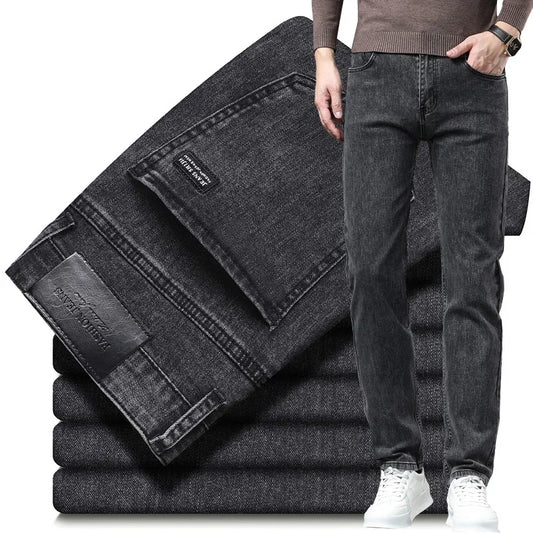 Men’s Classic Straight Jeans, Stretch Mid-Waist Denim, Smoke Gray or Black
