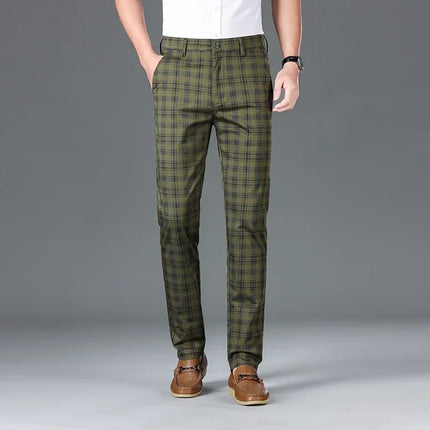 Slim Checkered Pants, Stretch Straight Business Casual Trousers