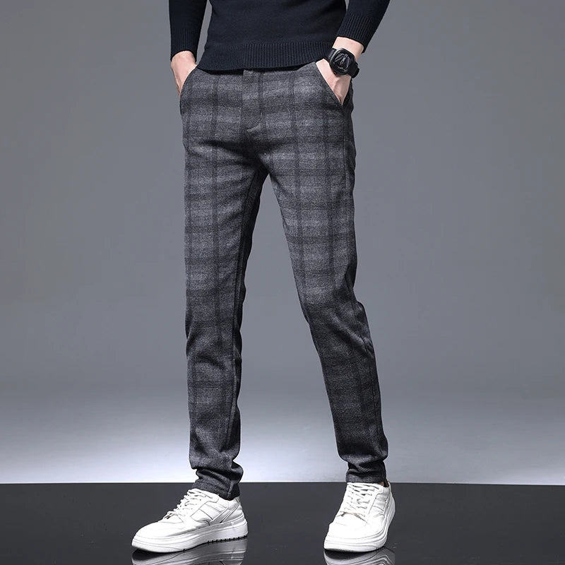 Men’s Plaid Business Trousers, Slim Fit Cotton Dress Pants for Work or Events