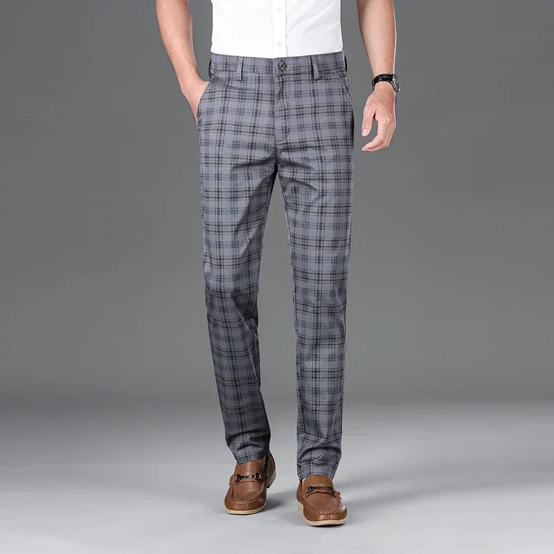 Summer Men’s Slim Checkered Pants, Stretch Straight Business Casual Trousers