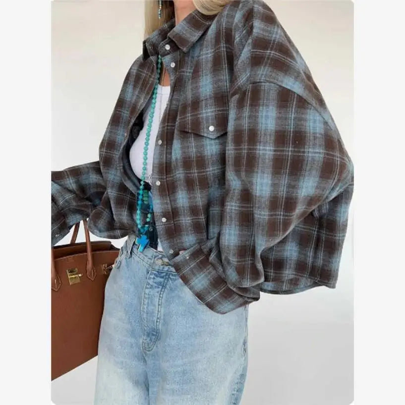 Vintage Plaid Oversized Shirt for Women, Loose Cotton Long Sleeve Button-Up Top