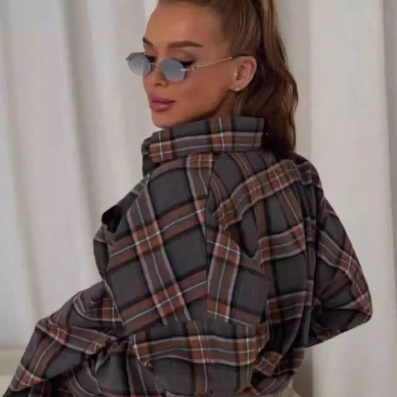 Vintage Plaid Oversized Shirt for Women, Loose Cotton Long Sleeve Button-Up Top