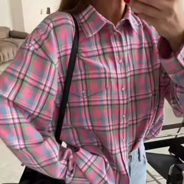 Vintage Plaid Oversized Shirt for Women, Loose Cotton Long Sleeve Button-Up Top