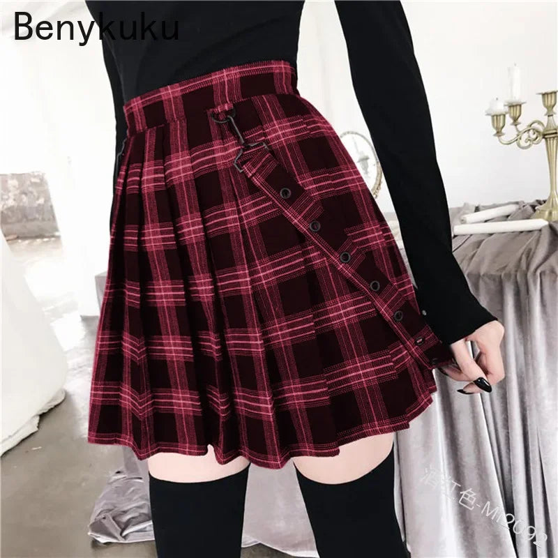 Plaid Pleated Mini Skirt, Gothic Punk A-Line Style for Women