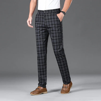 Slim Checkered Pants, Stretch Straight Business Casual Trousers
