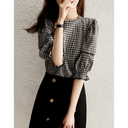 Luxury Chiffon Plaid Blouse for Women, Vintage Half Sleeve Top