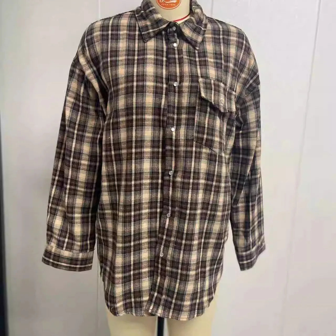Vintage Plaid Oversized Shirt for Women, Loose Cotton Long Sleeve Button-Up Top