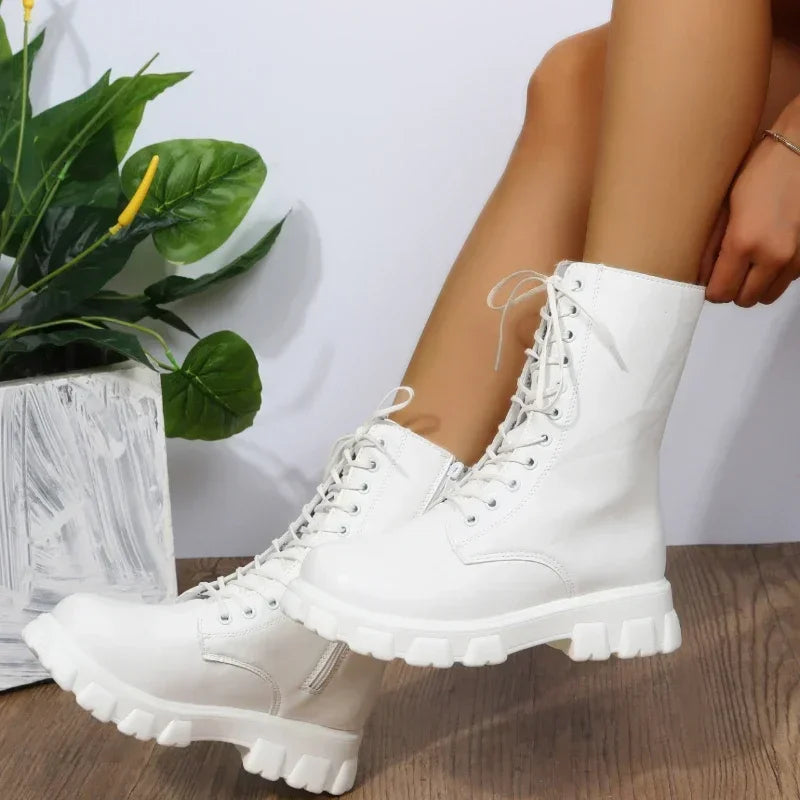 Women’s Chunky Heel Platform Boots, PU Leather Ankle Style