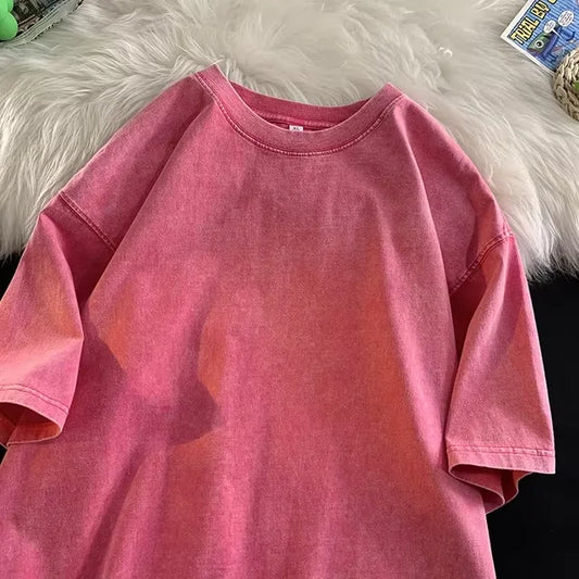 Vintage Oversized T-Shirt, Pink Cotton Streetwear Tee for Men (Y2K Style)