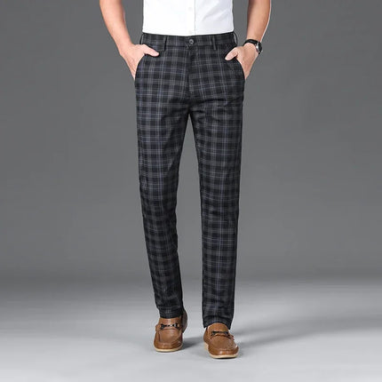 Slim Checkered Pants, Stretch Straight Business Casual Trousers