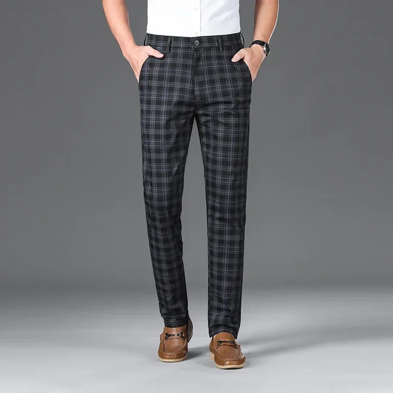 Summer Men’s Slim Checkered Pants, Stretch Straight Business Casual Trousers