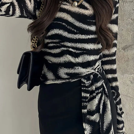 Striped Tie-Detail Crop Top, Women’s Fitted Long Sleeve Spring/Autumn Tee