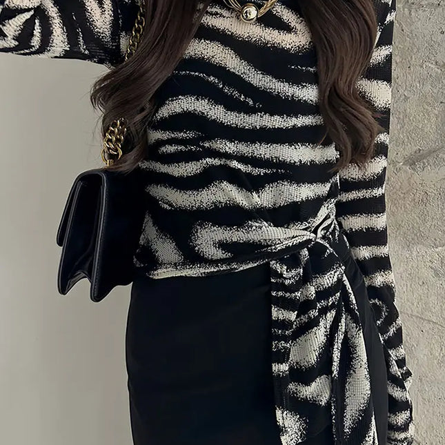 Striped Tie-Detail Crop Top, Women’s Fitted Long Sleeve Spring/Autumn Tee