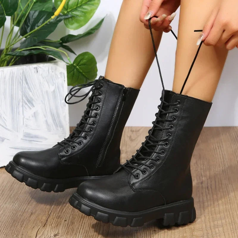 Women’s Chunky Heel Platform Boots, PU Leather Ankle Style