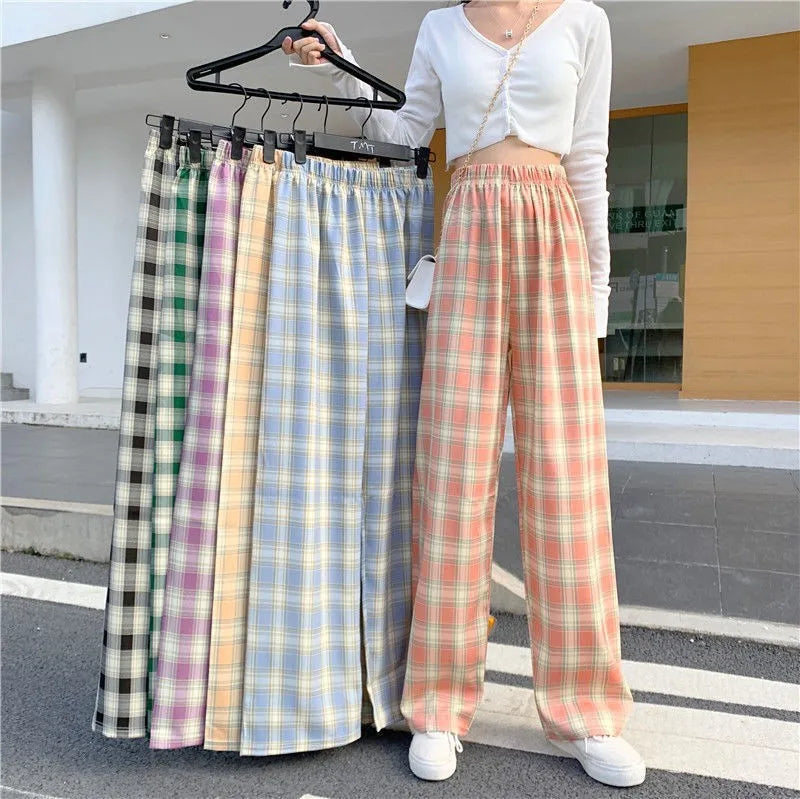 Women’s Plaid Wide Leg Pants, High Waist Loose Fit Summer Style