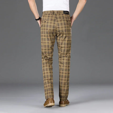 Slim Checkered Pants, Stretch Straight Business Casual Trousers