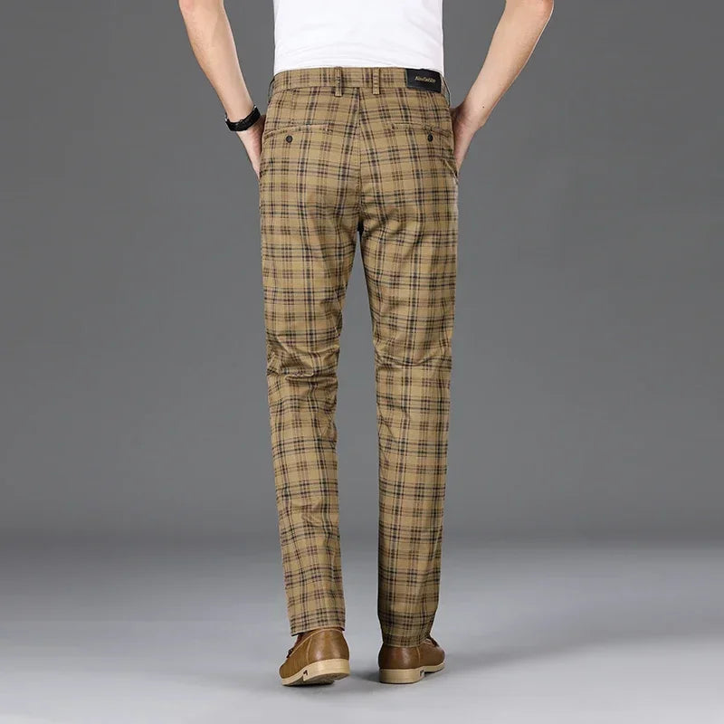 Summer Men’s Slim Checkered Pants, Stretch Straight Business Casual Trousers